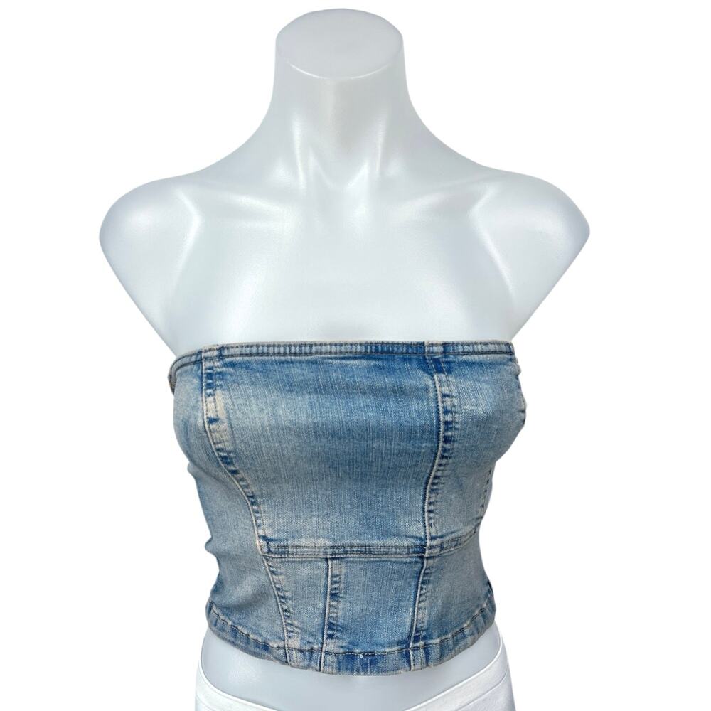 NEW Zara Blue Strapless Tube Sleeveless Pullover Denim Jean Crop Top Size XS